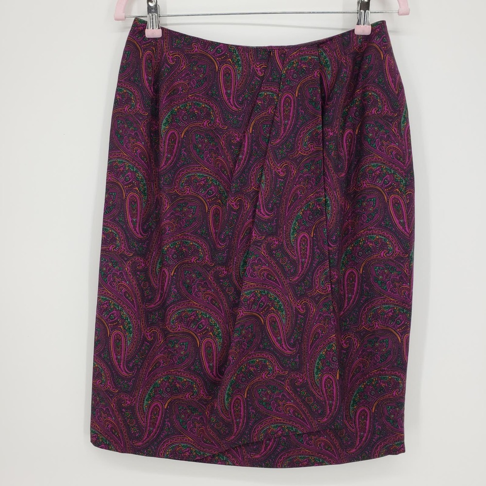 Carlisle Paisley Pencil Skirt 10 Vintage Wrap Pleated Silk Wool‎ Work Purple